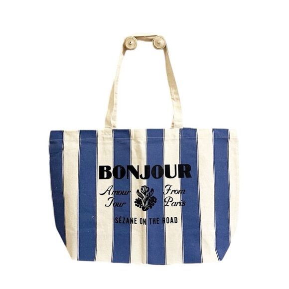 NEW Sezane Bonjour Linen Canvas Tote Bag in Blue - Picture 1 of 6